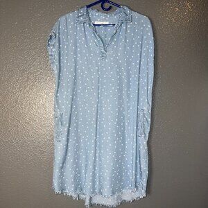 Thread Supply Chambray Shirt Dress Large Blue Floral Print Frayed Hem
